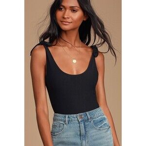 Lulus Pretty Pleased Black Tie-strap Bodysuit - Size S